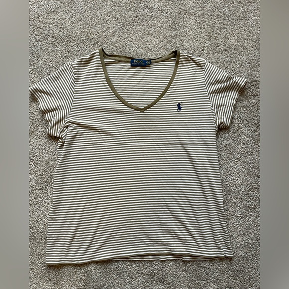 Women’s Polo by Ralph Lauren Olive and White V-Neck Tee- Size Medium - Picture 1 of 3